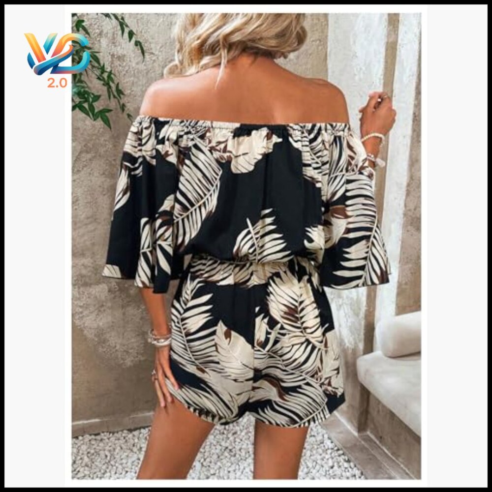 Off Shoulder Flutter Sleeve Romper, Polyester Ble… - image 2